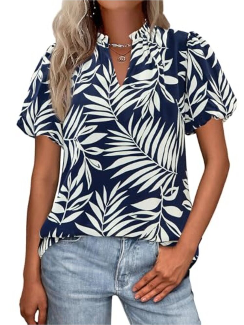 Womens Chiffon Floral V Neck Puff Sleeve Blouse Work Top